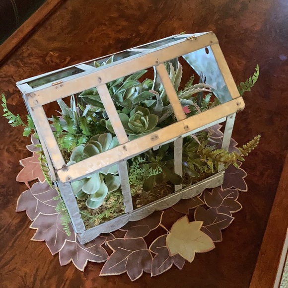 Source Unknown Other - Artificial Succulents in an open galvanized metal rustic flower holder.